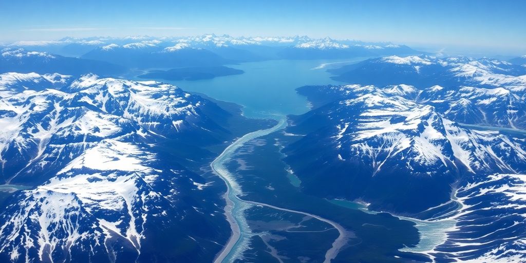 A helicopter flying over vast, snow-covered Alaskan mountain ranges.