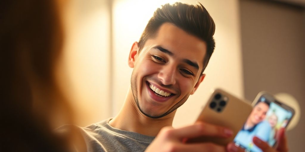 Young man smiling, holding a phone displaying Instagram.