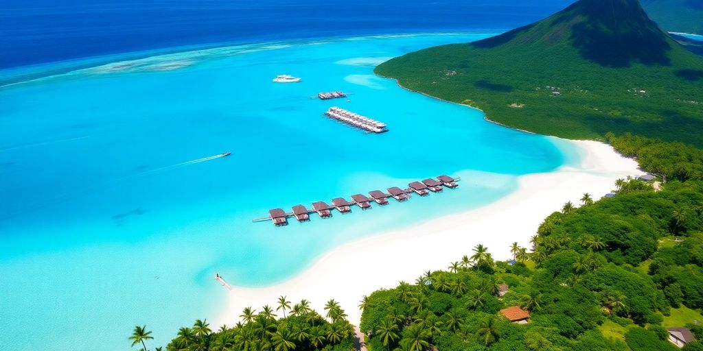 Overwater bungalows in Bora Bora lagoon.