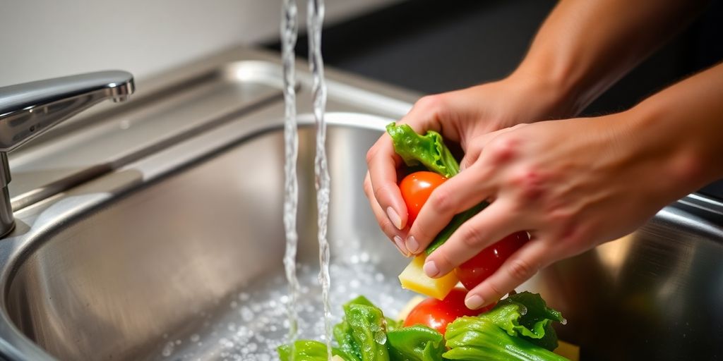 Mains de chef lavant des légumes frais sous l'eau courante.