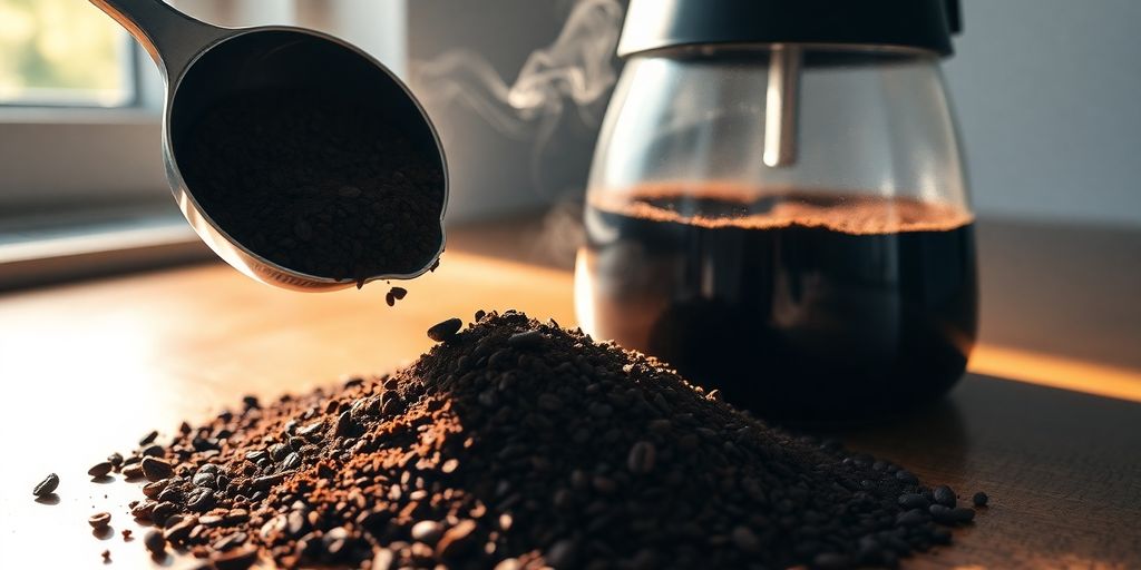 Close-up of fresh coffee grounds and brewing equipment.