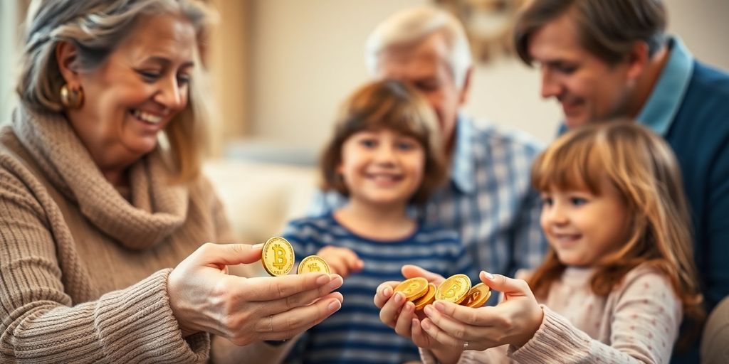 Grands-parents donnant des pièces d'or aux petits-enfants.