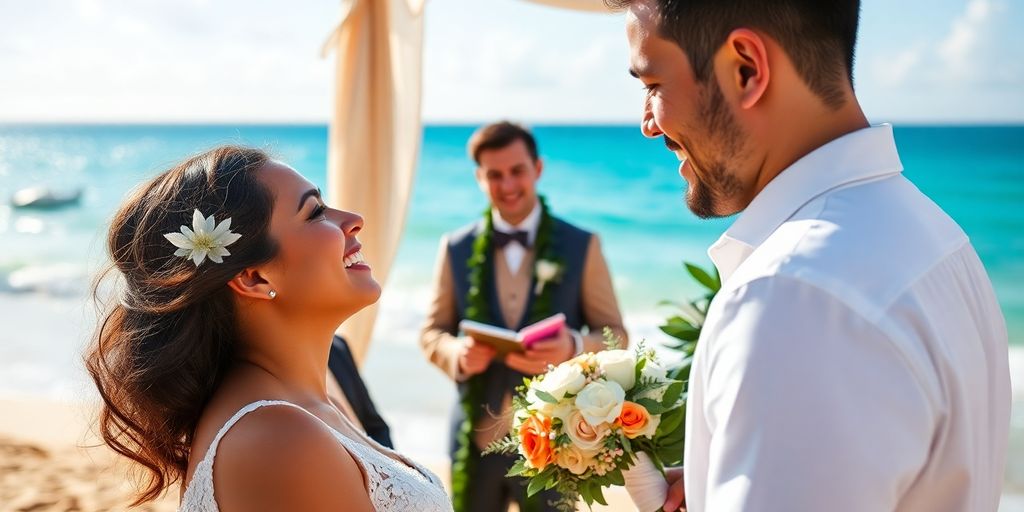 Couple exchanging vows on a sun-drenched beach.