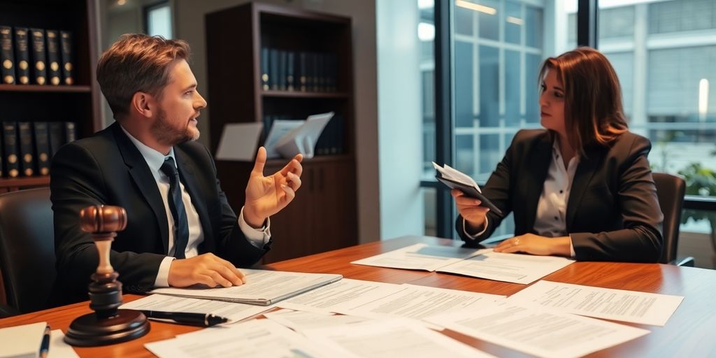 Lawyer and translator collaborating in a modern office.