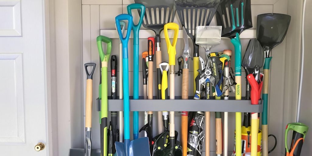 Organized Rubbermaid shed tool rack with various garden tools.
