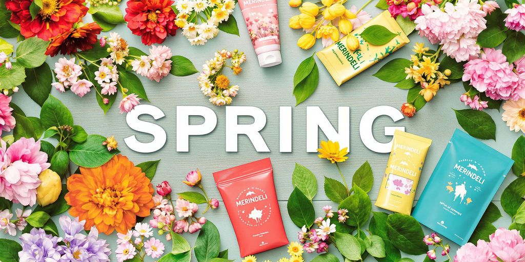 Merindeli products in spring, flowers and green leaves.