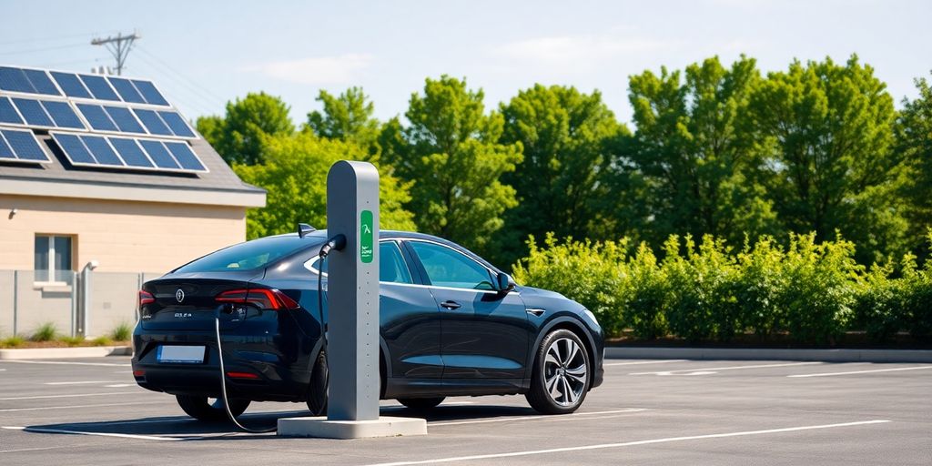 EV charging station with solar panels and trees.