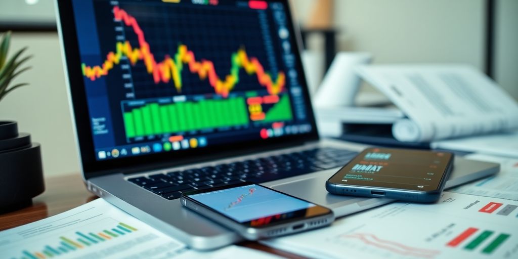 Laptop with stock data on a desk with financial documents.