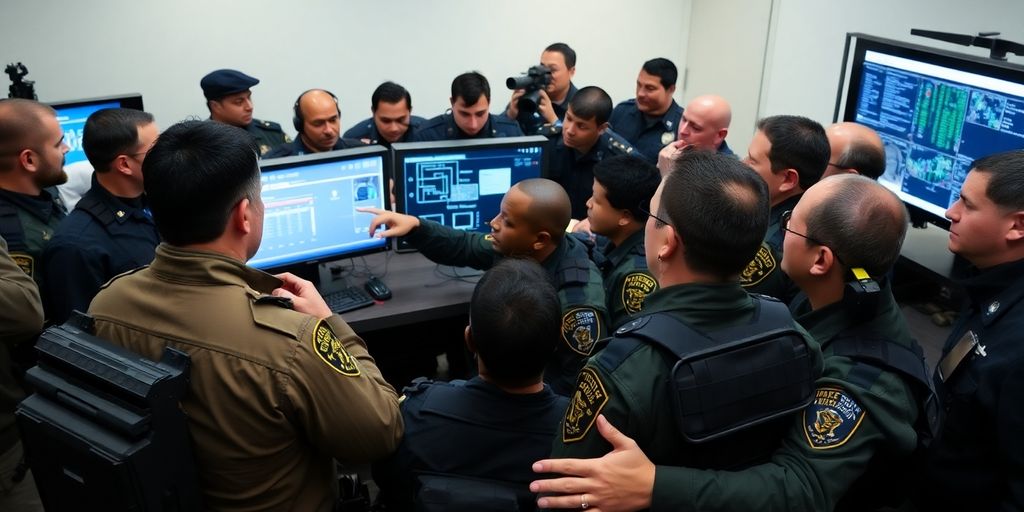 Police and Interpol agents gather in a command center.