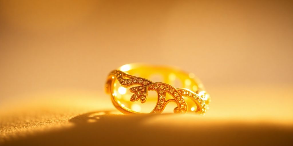 Une bague en or scintillante sur un fond doux.