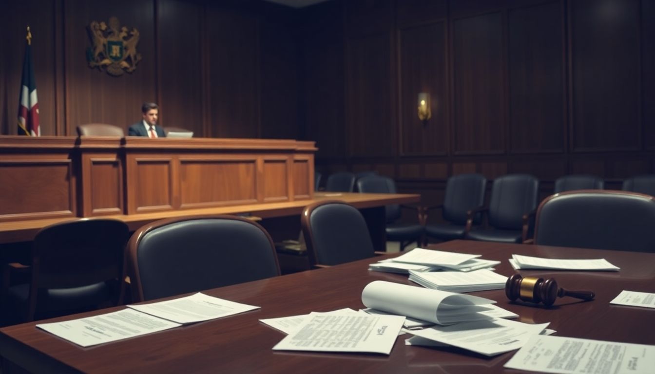 Courtroom interior with empty chairs and legal documents.