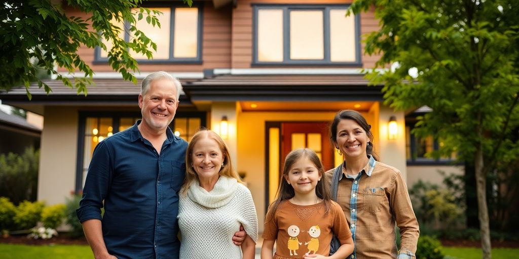 Casa moderna com família sorrindo na frente, Home Equity