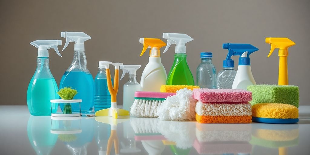 Cleaning tools arranged neatly, sparkling