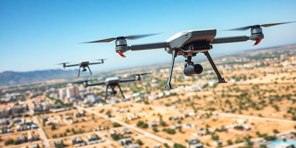 Vue aérienne de drones modernes survolant un paysage militaire.