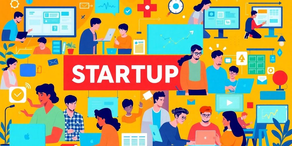 Diverse entrepreneurs collaborating in a vibrant startup workspace.