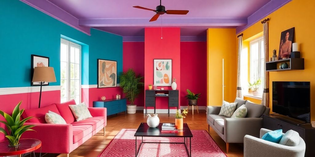 Colorful home interior with modern furniture and decor.