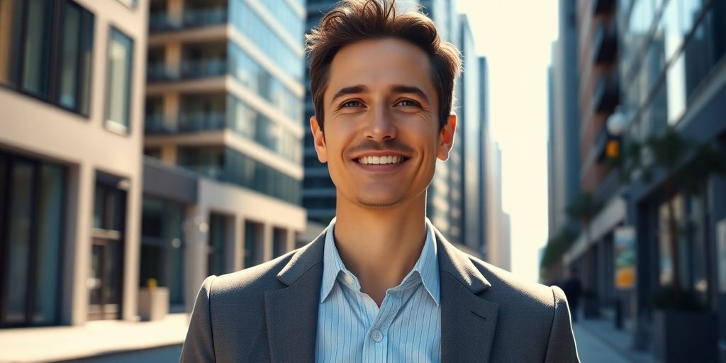 Person confidently walking in urban setting.