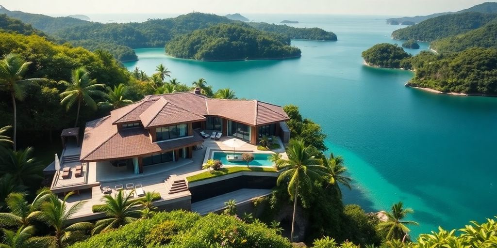 Luxury villa in Phuket amidst lush greenery and waters.