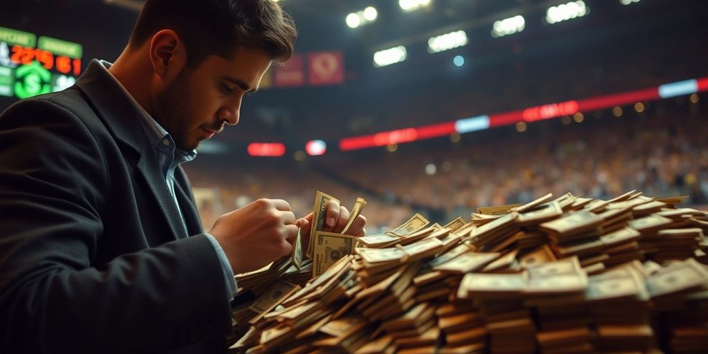 Man holding stacks of cash, sports betting.