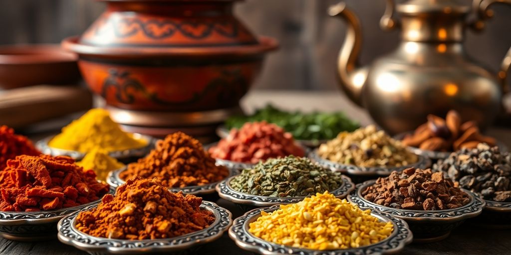 Colorful Moroccan spices and cooking vessels.