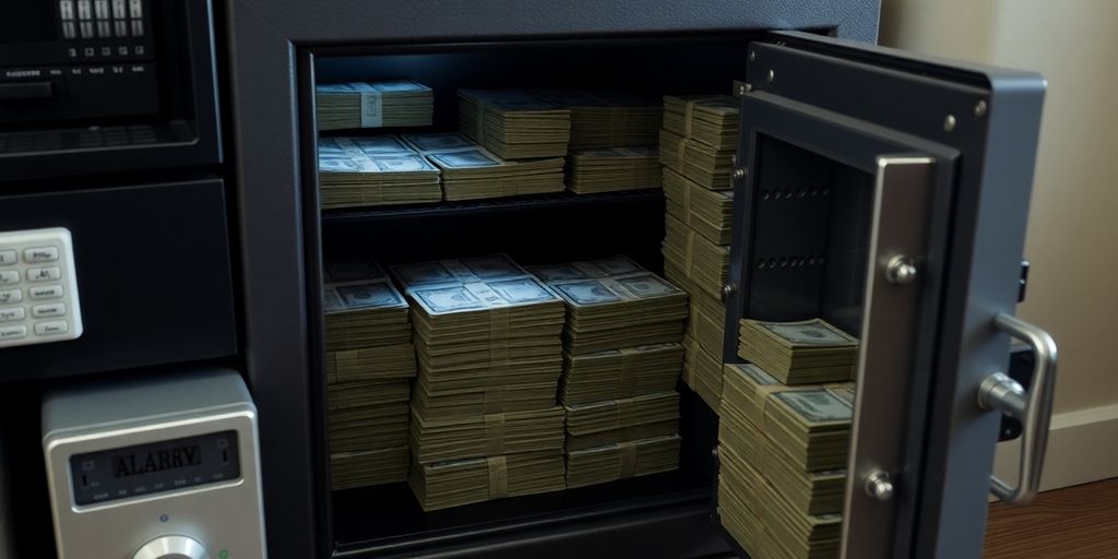 Une image d'un coffre-fort avec de l'argent.