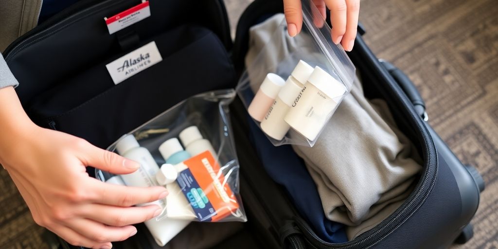 A clear bag of liquids packed into a carry-on suitcase.