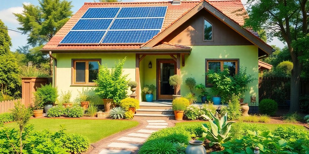 Duurzaam huis met zonnepanelen en groene tuin.
