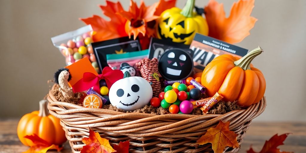 Festive Halloween gift basket overflowing with candy and decorations.