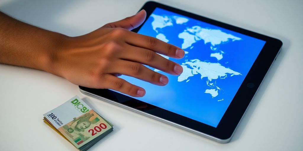 Hands on digital tablet, world map, international currency notes.
