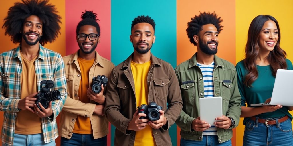 Diverse individuals collaborating on video creation across cultures.