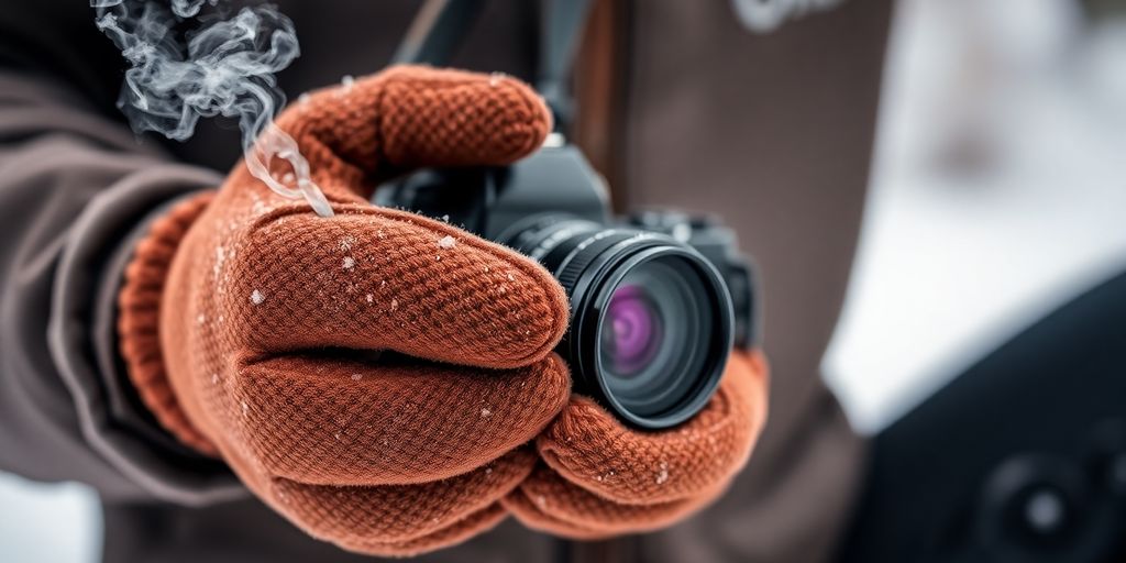 Photographer's gloved hands holding camera in winter.