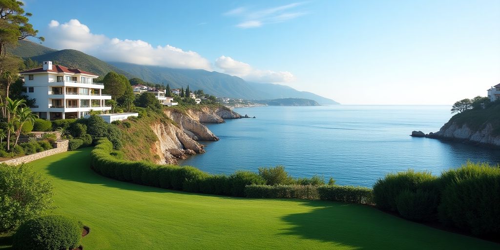 Marbella kust med lyxiga villor och grönska.