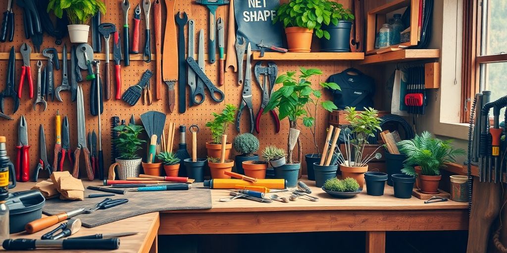 Workshop with tools and gardening supplies for handy dads.