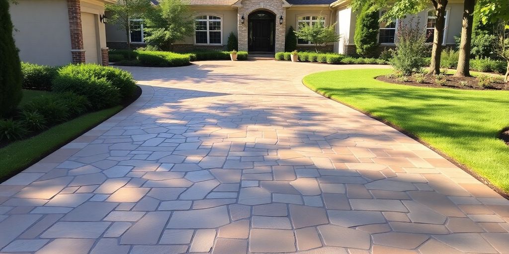Stamped concrete driveway enhancing house curb appeal.