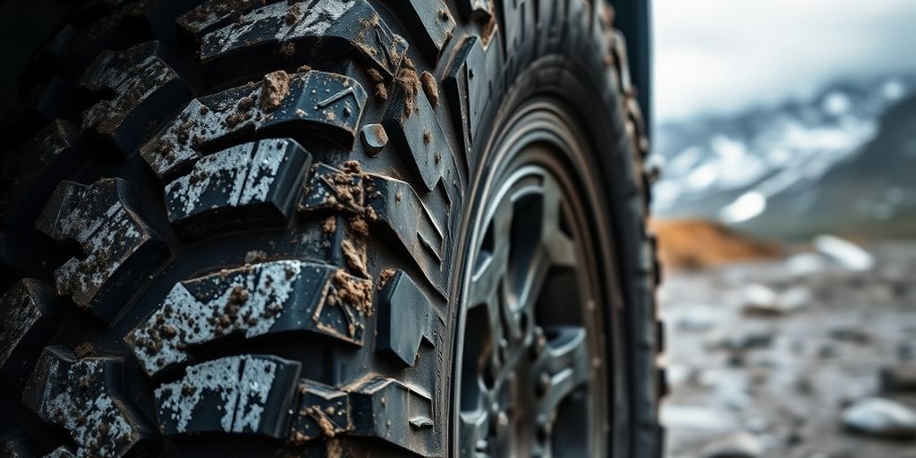 Rugged all-weather off-road tire with muddy, snowy tread on diverse terrain.