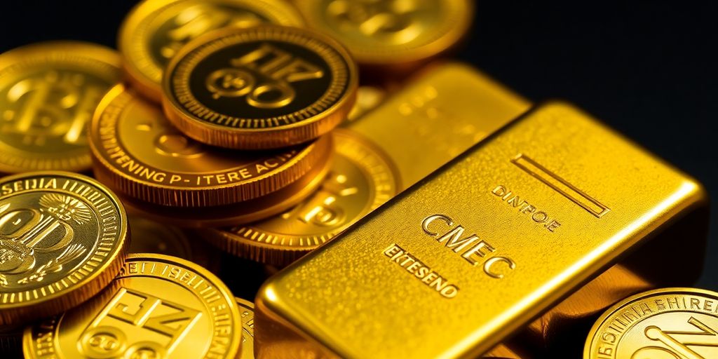 Pièces d'or et lingot scintillant sur fond sombre.