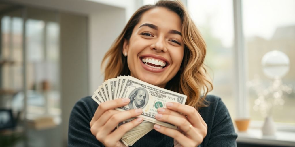 Person celebrating financial success with money.