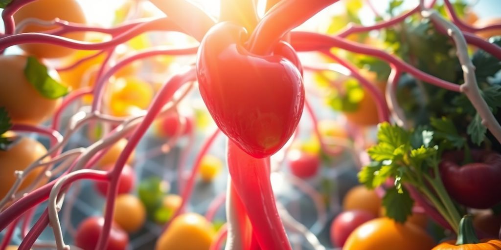 Heart arteries with vibrant vitamins and healthy lifestyle elements.