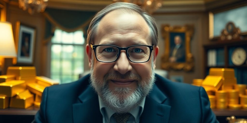 Seth Klarman avec des lingots d'or et des pièces.