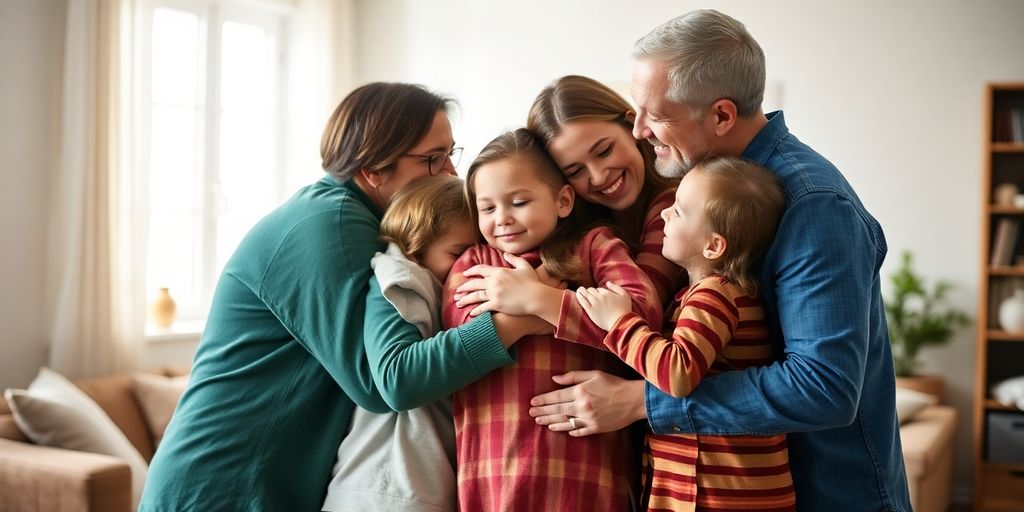 Family embracing, therapy session.