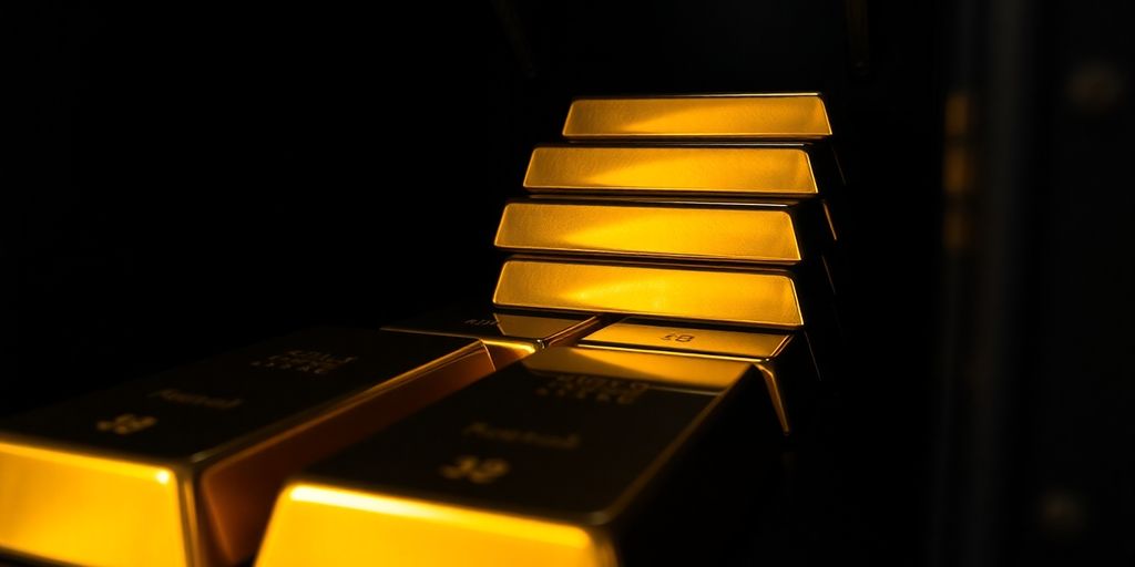 Lingots d'or empilés dans un coffre-fort sombre