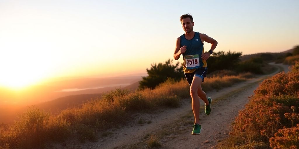 Runner competing in a half marathon on a scenic trail.