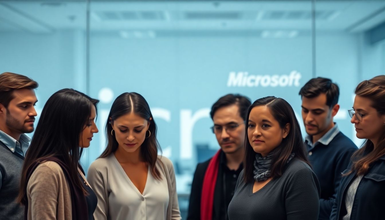 Microsoft logo, small group of people.