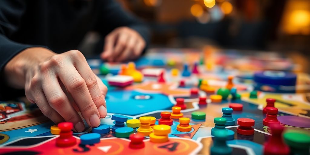Person arranging colorful game pieces on a table.
