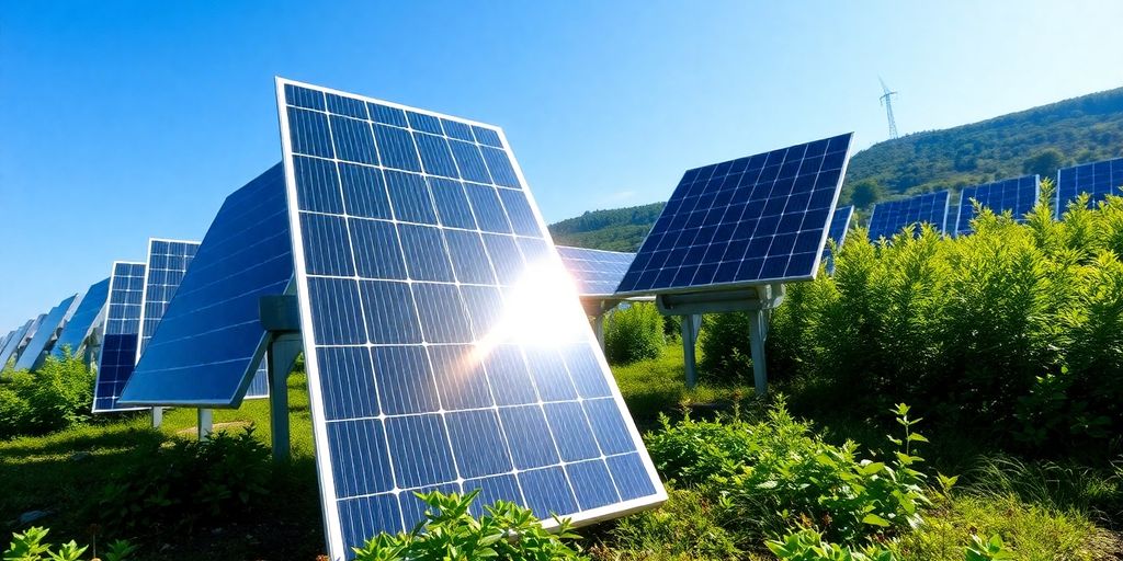 Solar panels at optimal angle in a sunny landscape.