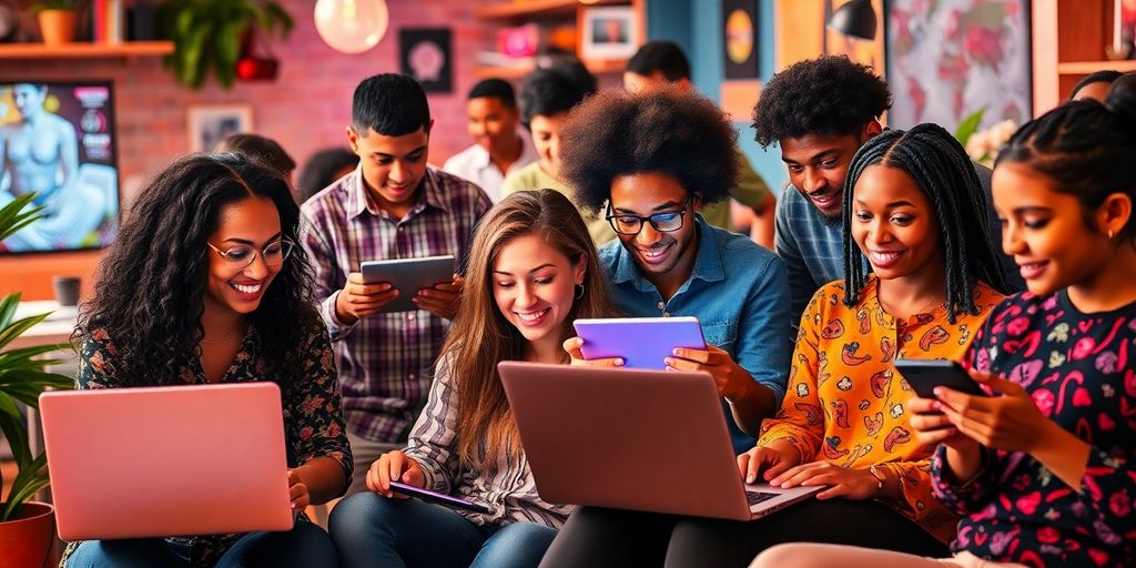 Creative individuals using technology for content creation.