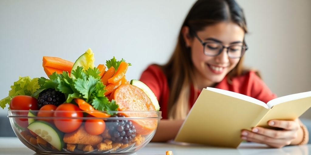 Healthy meal, person studying with clear mind.