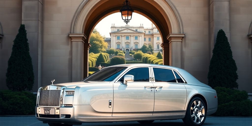 Silver Rolls Royce parked under opulent archway.