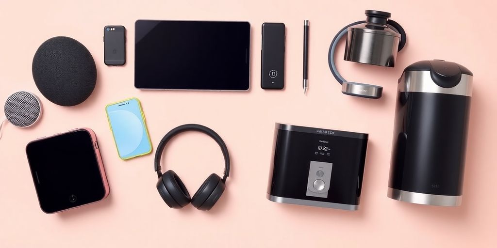 Modern tech gadgets arranged as unique wedding gifts.