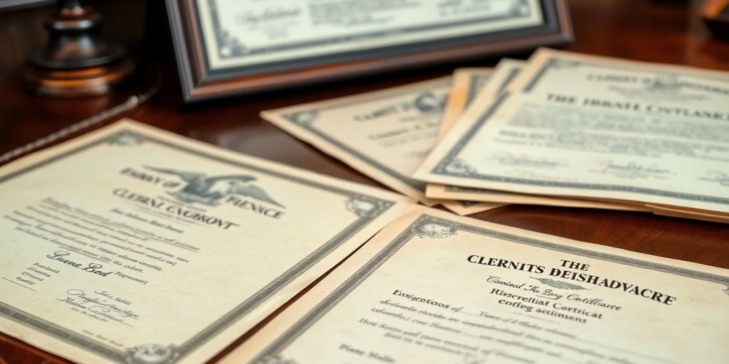 Certificats vintage et documents d'origine sur une table en bois.